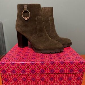 Tory Burch Brown/Green Suede Block Heel Ankle Boots